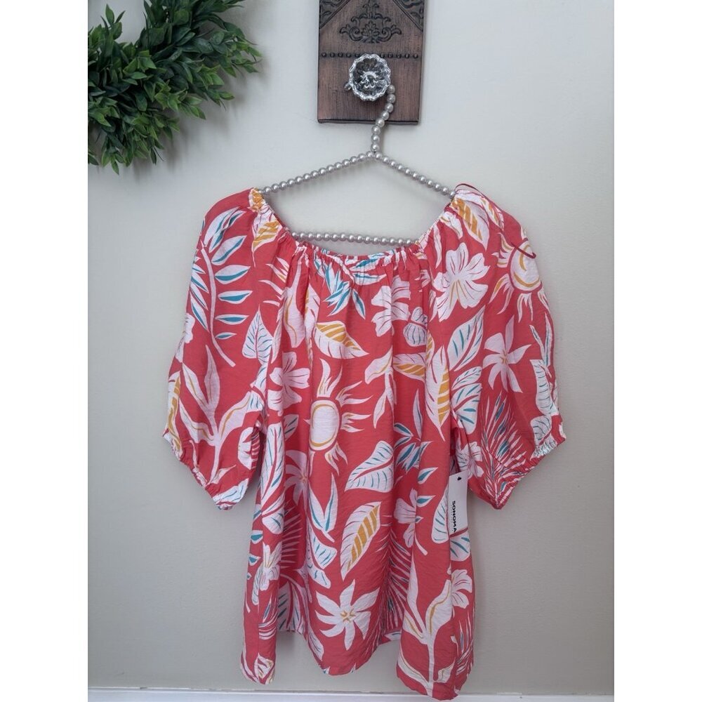 NWT Sonoma Womens Size L Orange Floral Peasant Top Short Sleeve Tropical